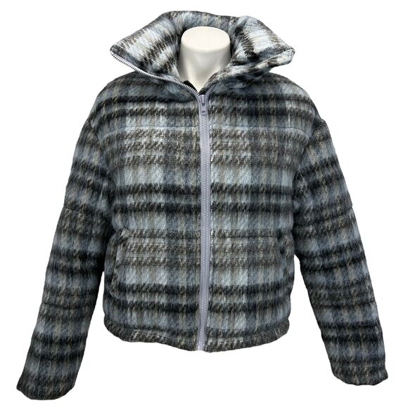 APPARIS Josh Cropped Puffer Jacket Womens SZ XS Blue Black Plaid Faux Fur Lined - Picture 1 of 11